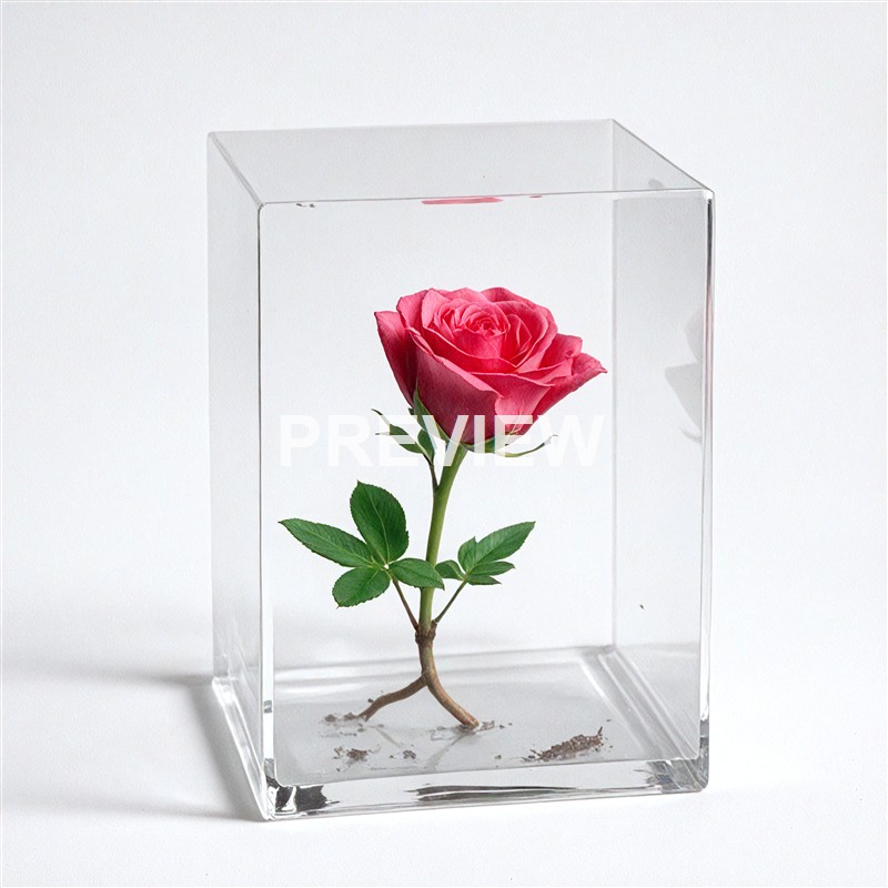 A pink rose with green leaves and a stem is preserved inside a clear, cube-shaped acrylic display case against a white background.